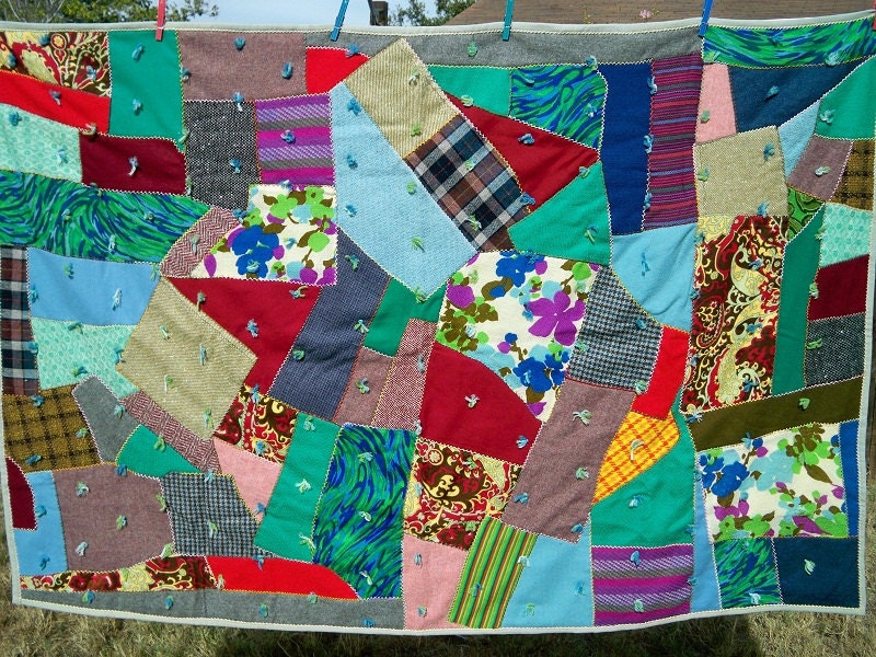 Vintage 1960s Wool Lap Crazy Quilt Handmade
