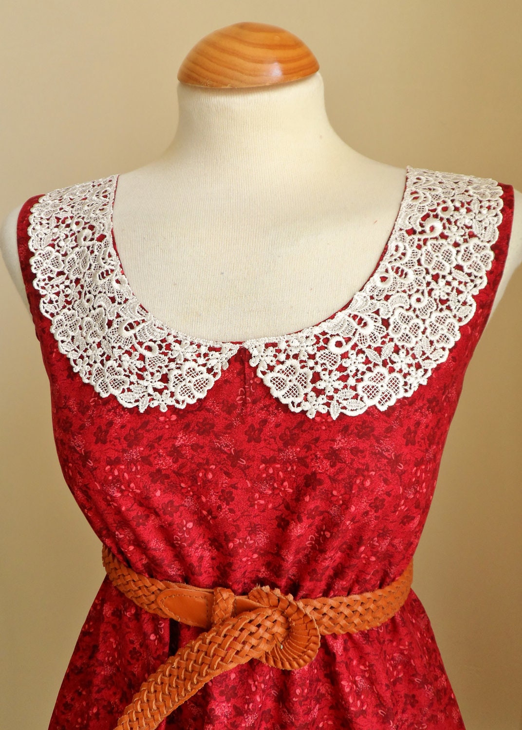 Floral Lace Collar Dress in Rich Ruby Red / Handmade / Choose Your Size