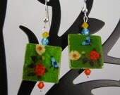 Painted shell floral tiles w/ Swarovski crystals sterling dangle earrings