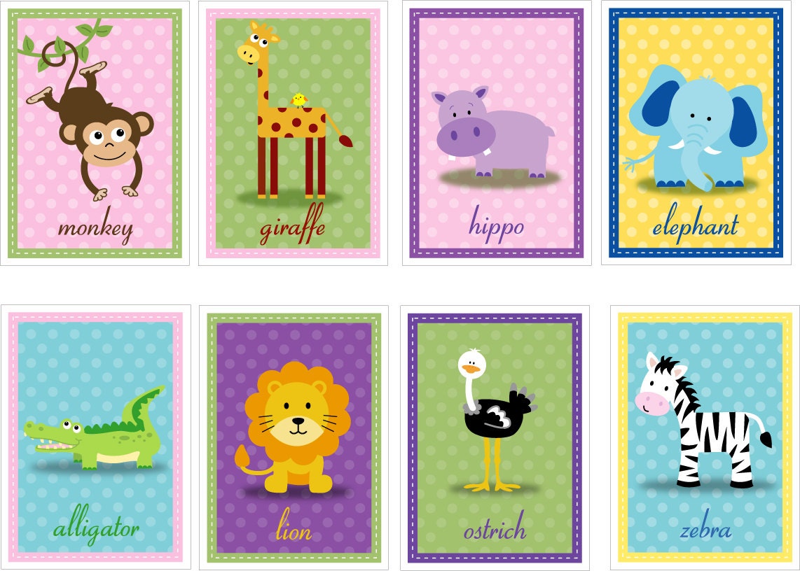 Girl Set of 8 Safari Zoo Jungle Animal Prints - 5x7