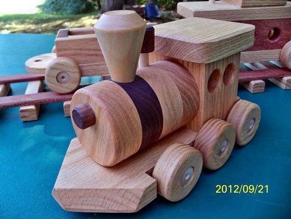 SALE 3 CAR Wooden Train Set Handmade toy Oak  &  Walnut  Heirloom Quality Beautifully hand finished