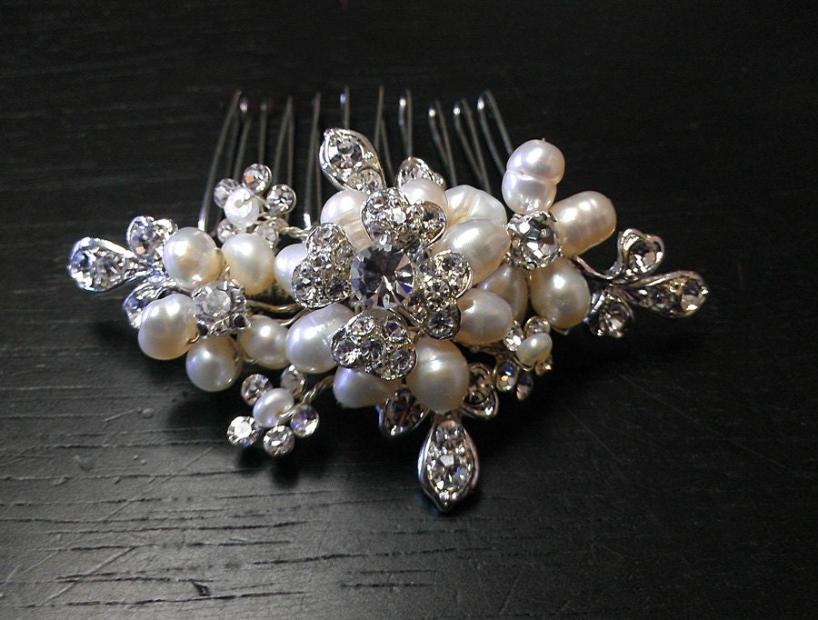 Weddings, Bridal Hair Accessory, Best Seller, Hair Comb, Bridal Comb, Pearl Comb, Rhinestone Comb, Floral Hair Comb:  Allie Comb