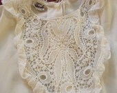 Womens Blouse / White Lace Bib/ Button Back / Vintage 50s Office Attire Bust 36