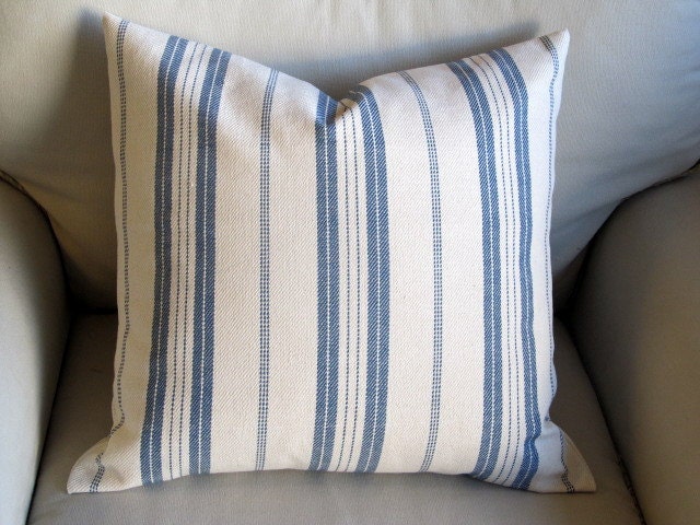 FRENCH LAUNDRY Grain Sack  20x20 Sofa pillow Cover in denim blue Stripes