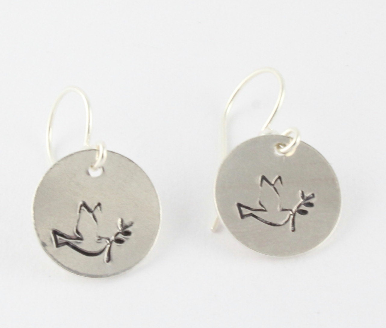 Dove Peace Olive Branch Earrings Dangle Sterling Silver Hand Stamped
