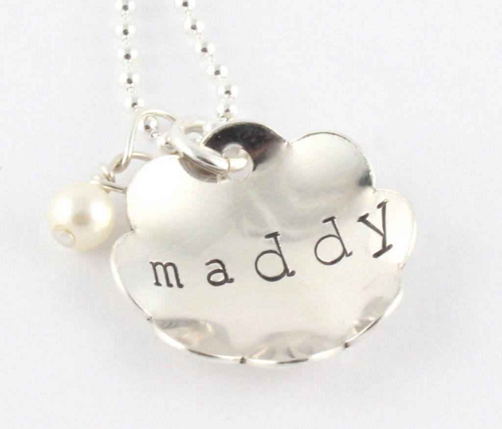 Personalized Necklace Flower Pearl Sterling Silver Custom Hand Stamped