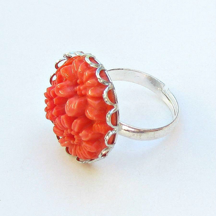 Pressed Glass Floral Ring, Coral, Orange, Spice, Adjustable Ring Base
