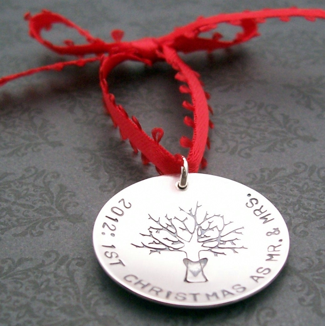 Our First Christmas - Couples Christmas Ornament in Sterling Silver - Hand Stamped, Engraved Personalized Ornament by EWD