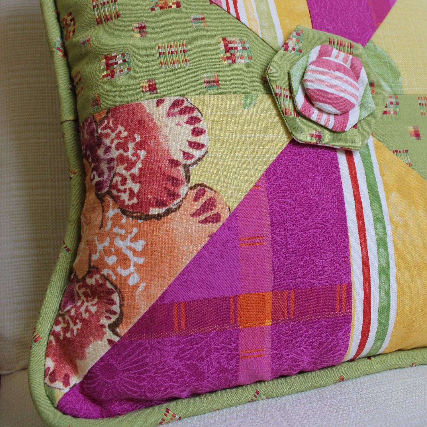 Handmade Pink and Green Pinwheel Patchwork Throw Pillow with Handmade Coordinating Button