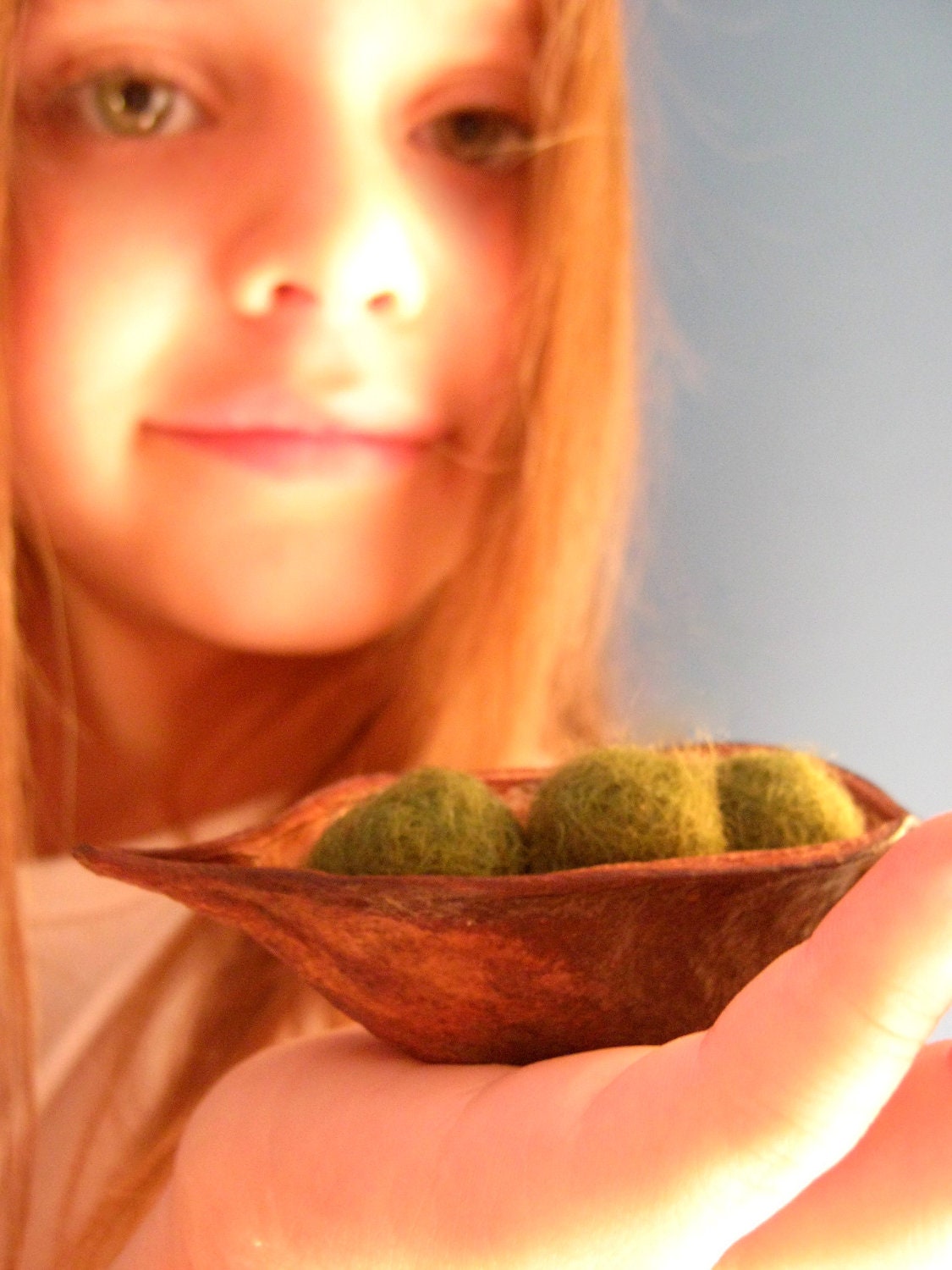 Needle Felted  Ornaments - 3 Green Peas in Natural Wooden Pods - Eco Friendly Home Decor  Display -  Winter Needle Wool Felted Decoration