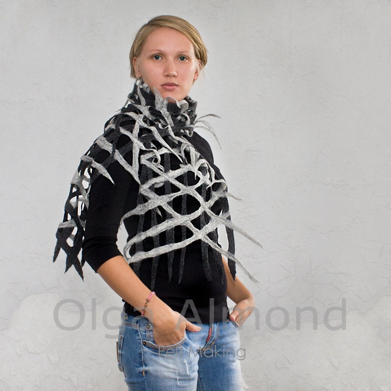 Scarf.Felted lattice scarf.Eco Organic .Not dyed.Natural color.