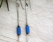 Long Blue beaded earrings, African bead earrings, Silver and blue earrings