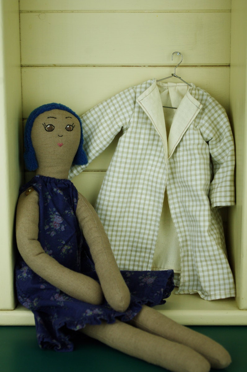 OOAK,  Handmade in Australia, Vintage Upcycled Fabrics, Vegan Cloth Rag Doll, Jess, Blue Hair, Brown Eyes, 19 inches