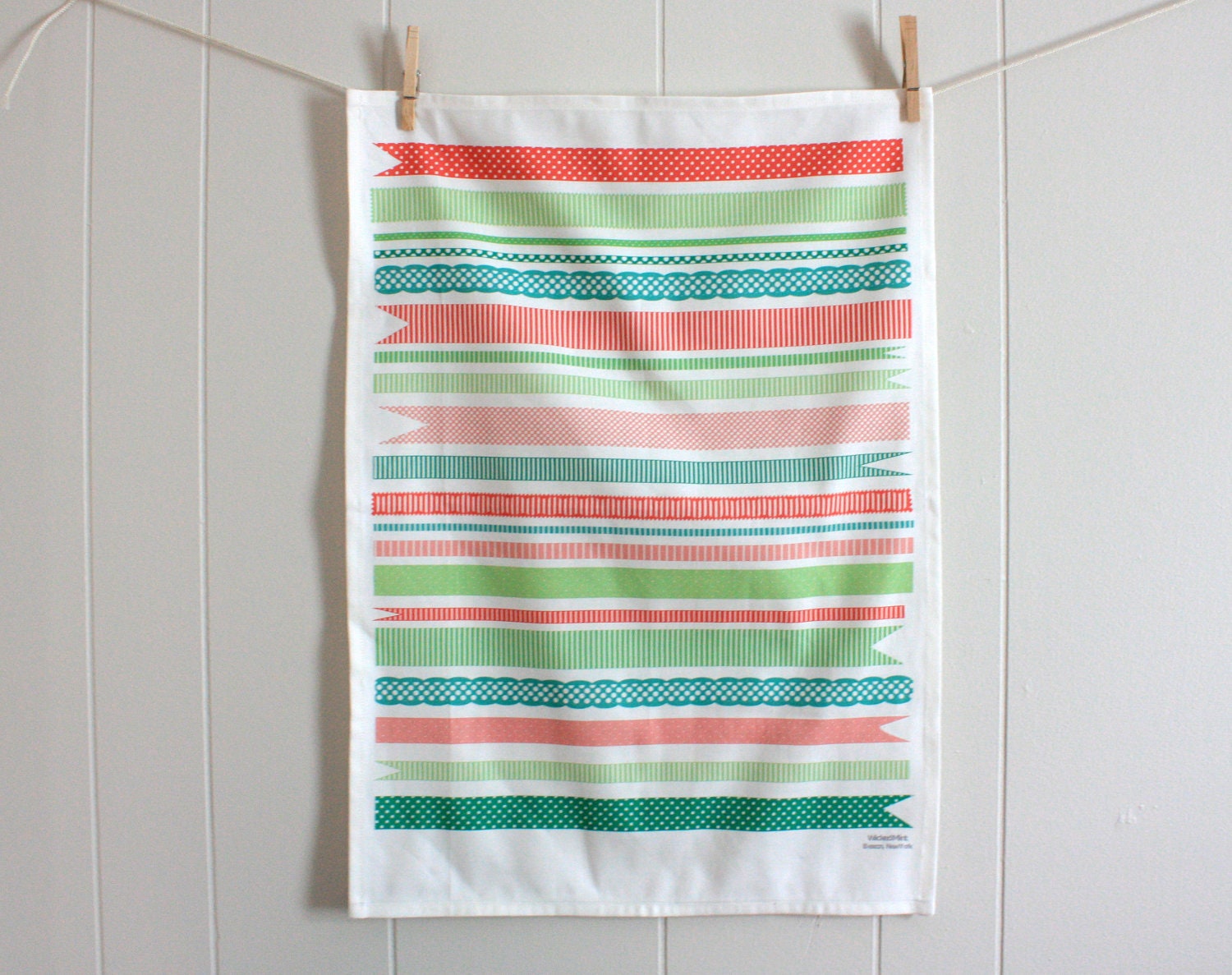 Pretty Ribbons in Pink, Red and Green - Linen Cotton blend Tea Towel 18 x 24 inch - wickedmint