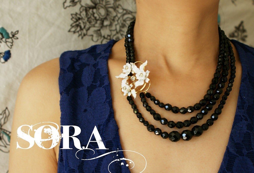 snow white floral statement necklace, OOAK vintage brooch jet black stones, triple strands statement jewelry luxury gift