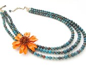 orange statement jewelry, OOAK vintage enamel flower brooch turquoise teal triple strands Keepsake Luxury statement gift