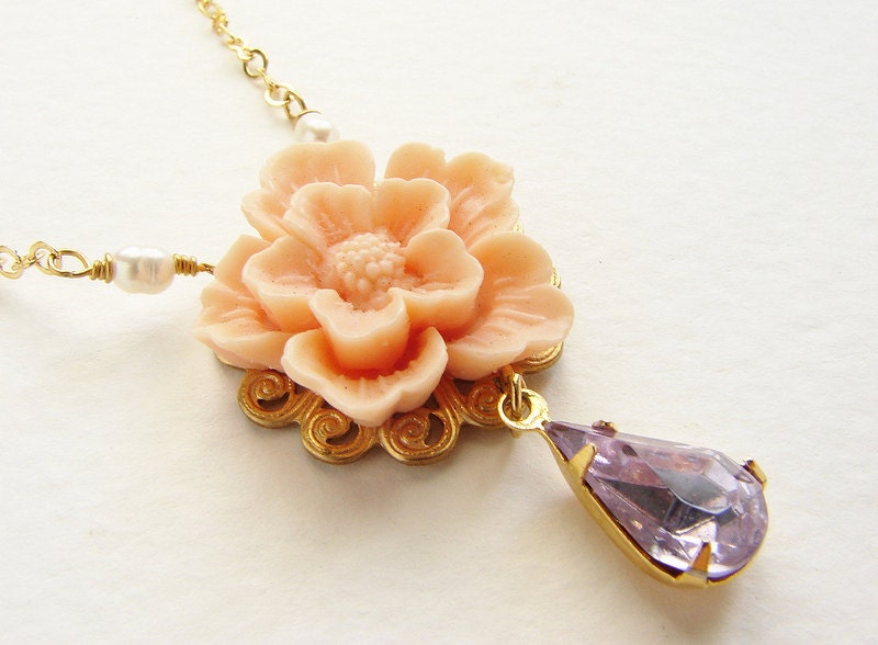 peach flower necklace violet rhinestone necklace, Bridal angel skin nude Cherry Blossom bridesmaid necklace wedding jewelry set