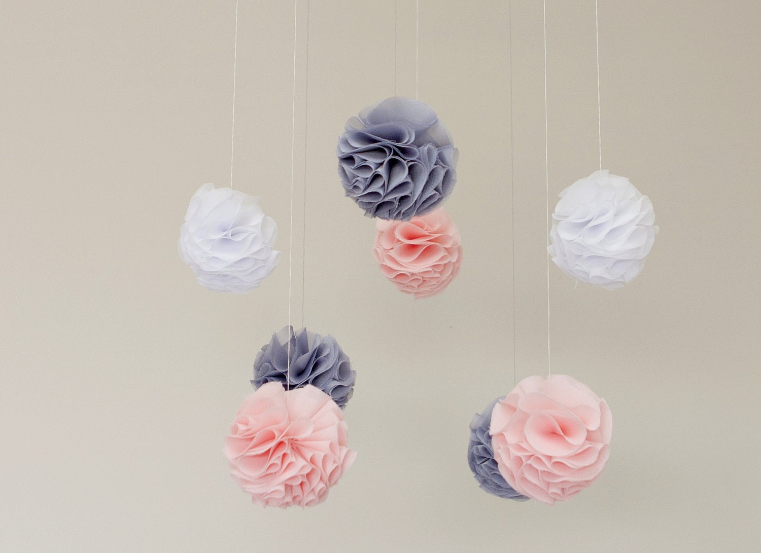 Baby Mobile - Pink, Grey and White Pom Poms