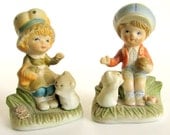 Vintage Ceramic Figurines Boy and Girl with Cat by Homco