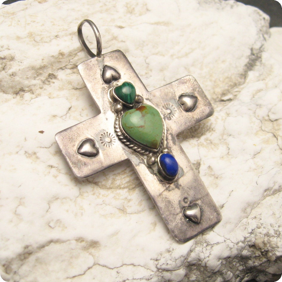 Large Sterling Cross Pendant Artisan Turquoise C4758