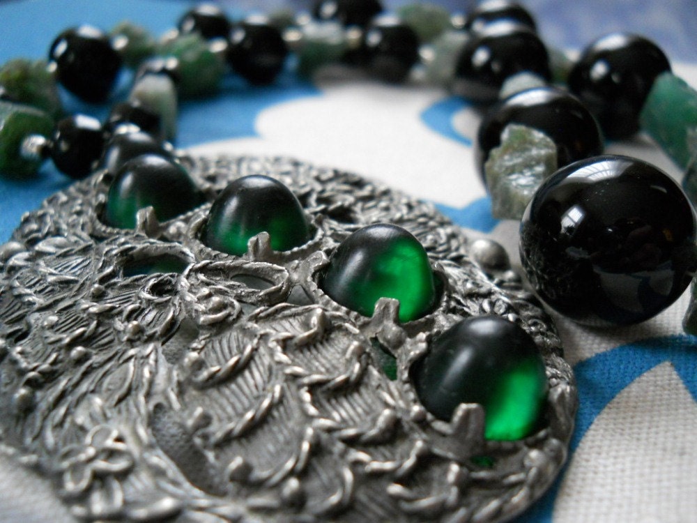 Hurricane Sandy relief - Endure necklace - black onyx, green apatite, Hill Tribe silver, upcycled vintage brooch
