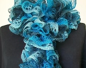 Hand Knit Ruffles Scarf in Multi-Shades of Turquoise Blue