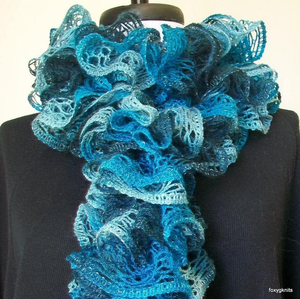 Hand Knit Ruffles Scarf in Multi-Shades of Turquoise Blue