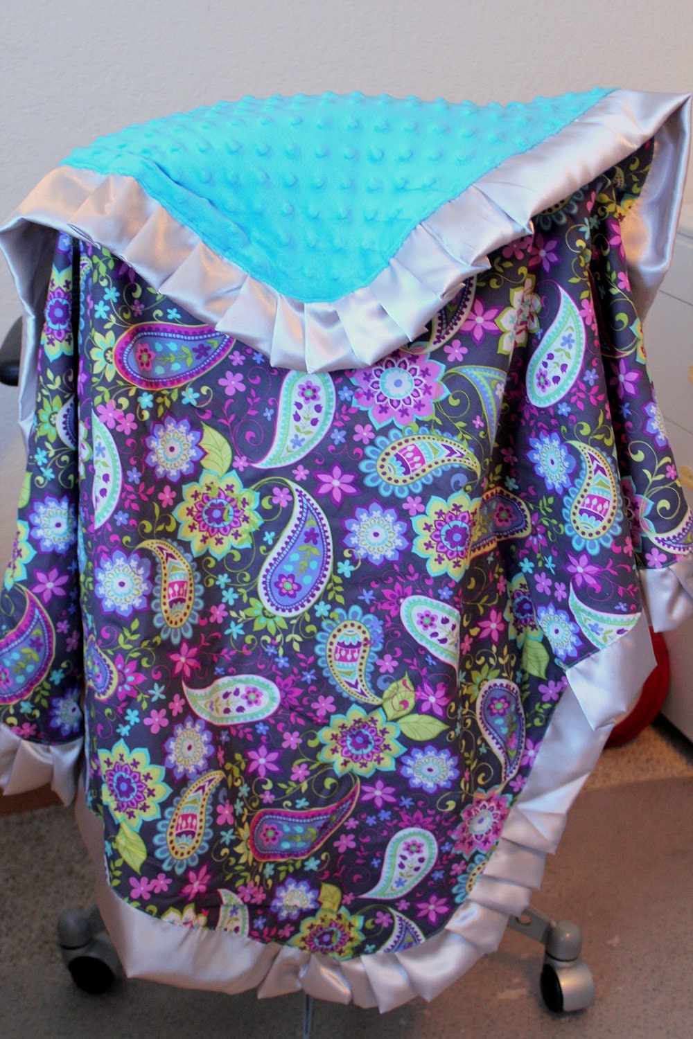 Turquoise and Lavender Minky Blanket - 40"x38"  READY TO SHIP