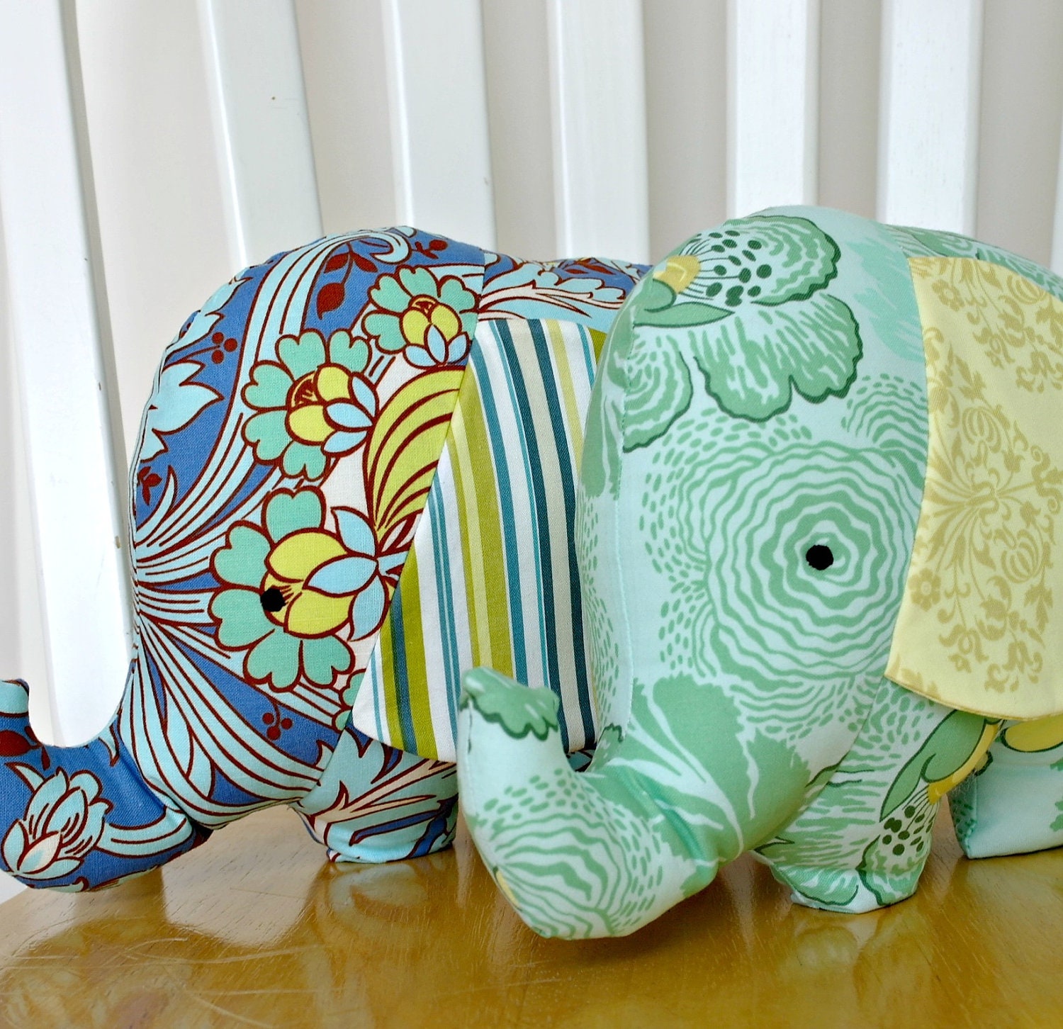 Stuffed Elephant Softie Toy Baby Toddler Gift Plush Animal Blue Yellow Green Stripes Designer Prints