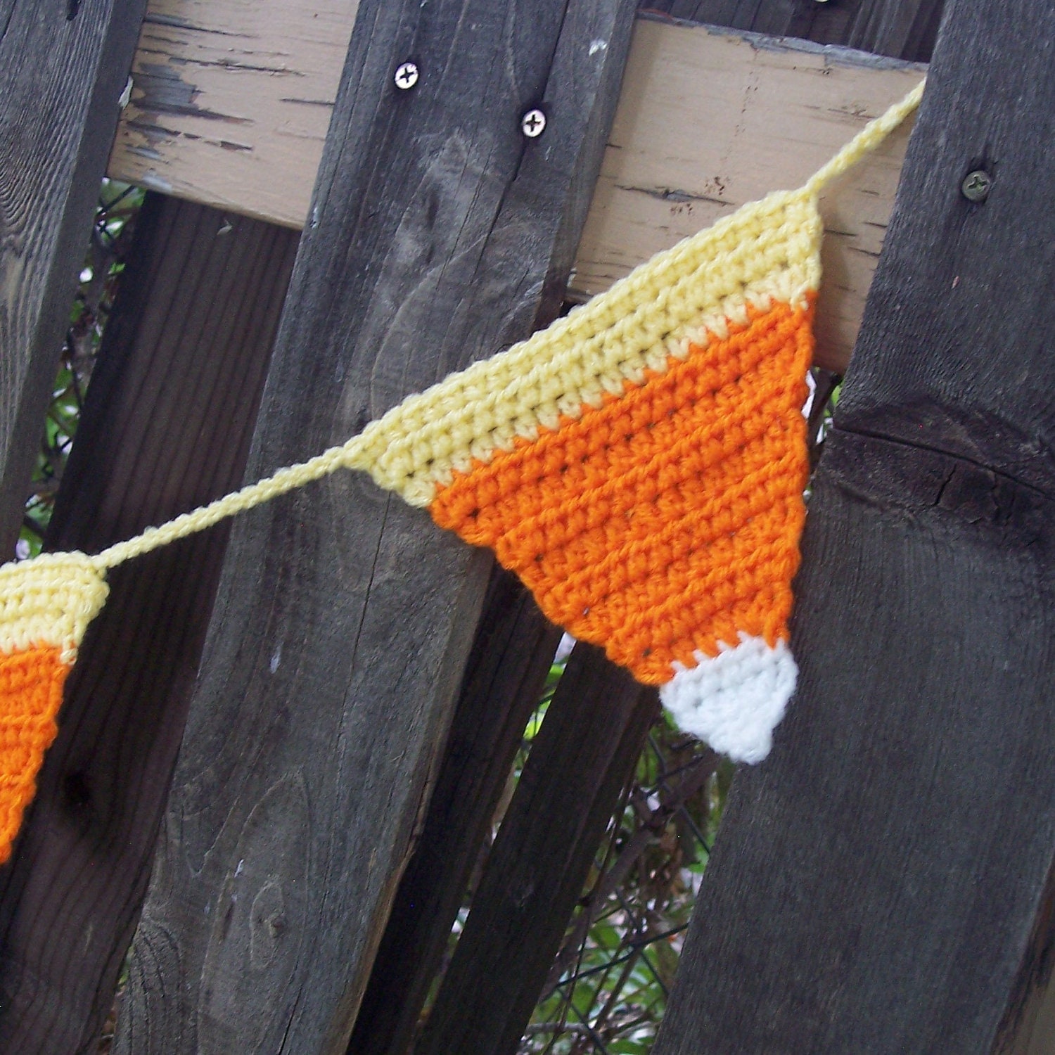 Candy Corn Crochet Garland - Bunting - Banner- Orange, Yellow, White Rustic Autumn Harvest Fall Halloween Decor Thanksgiving Decoration - ThePrairieCottage