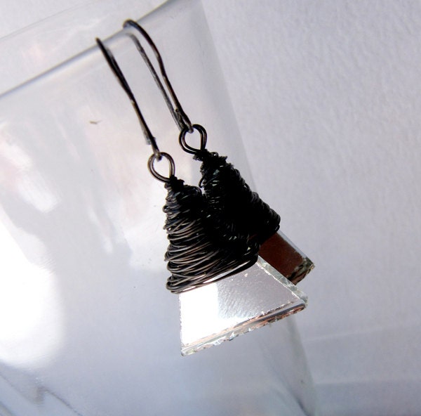 black triangle earrings, triangle earrings, geometric glass earrings, mirror earrings, dangle earrings