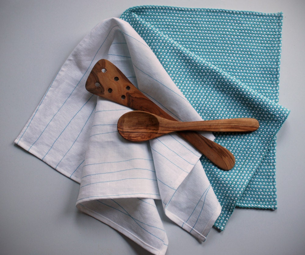 Cerulean Dot and Embroidered Linen Tea Towels
