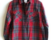 80s Red Green PREPPY Plaid Blouse Button Down Medium