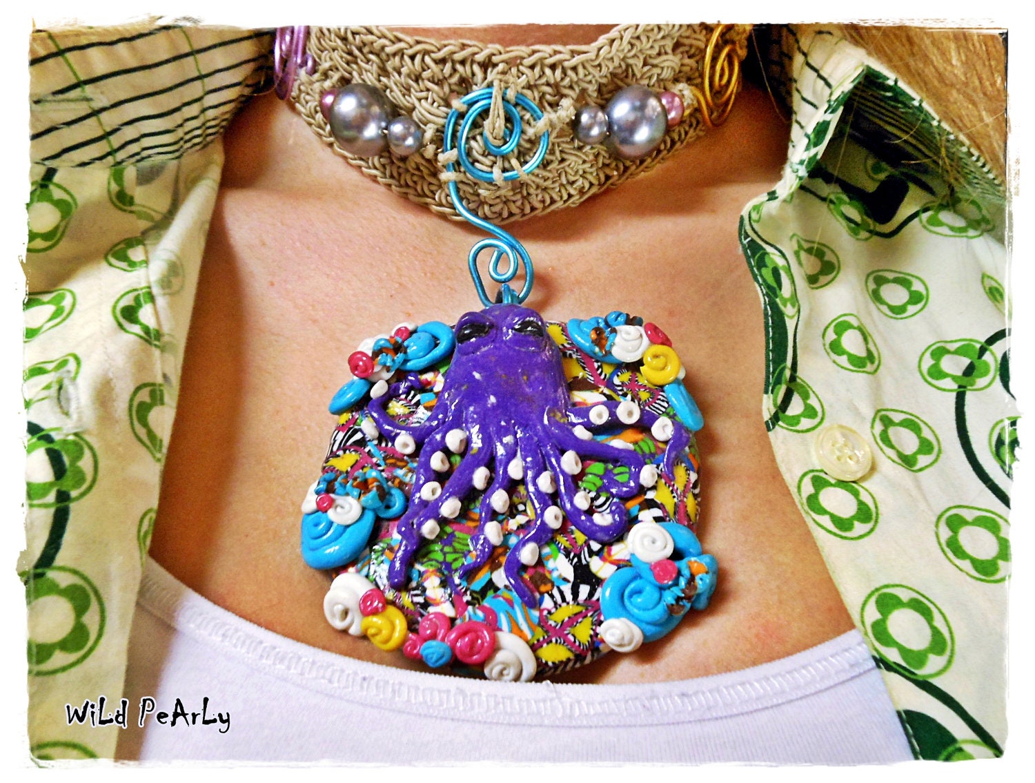 Octopus' Garden polymer clay diorama crochet choker necklace by Wild Pearly