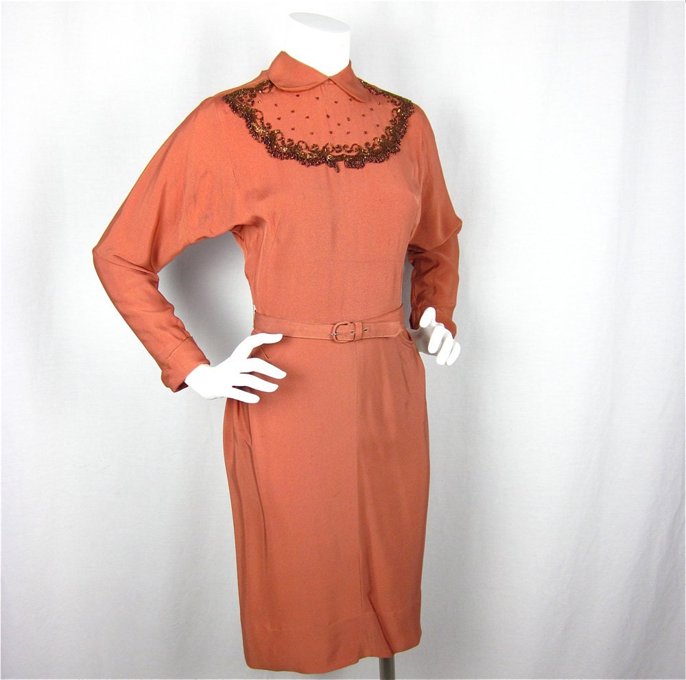 25% Off Storewide Sale  //  Vintage 40s Copper Beaded Dress with Back Detail, Sz S
