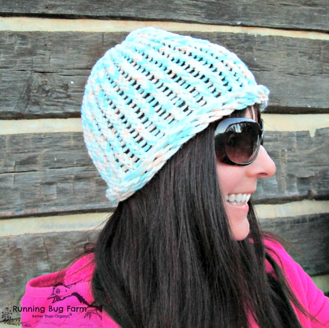 Knitted Hat Skull Cap White Light Blue Peach Vintage Retro Yarn Vegan Coral Reef Handmade Hand Knit