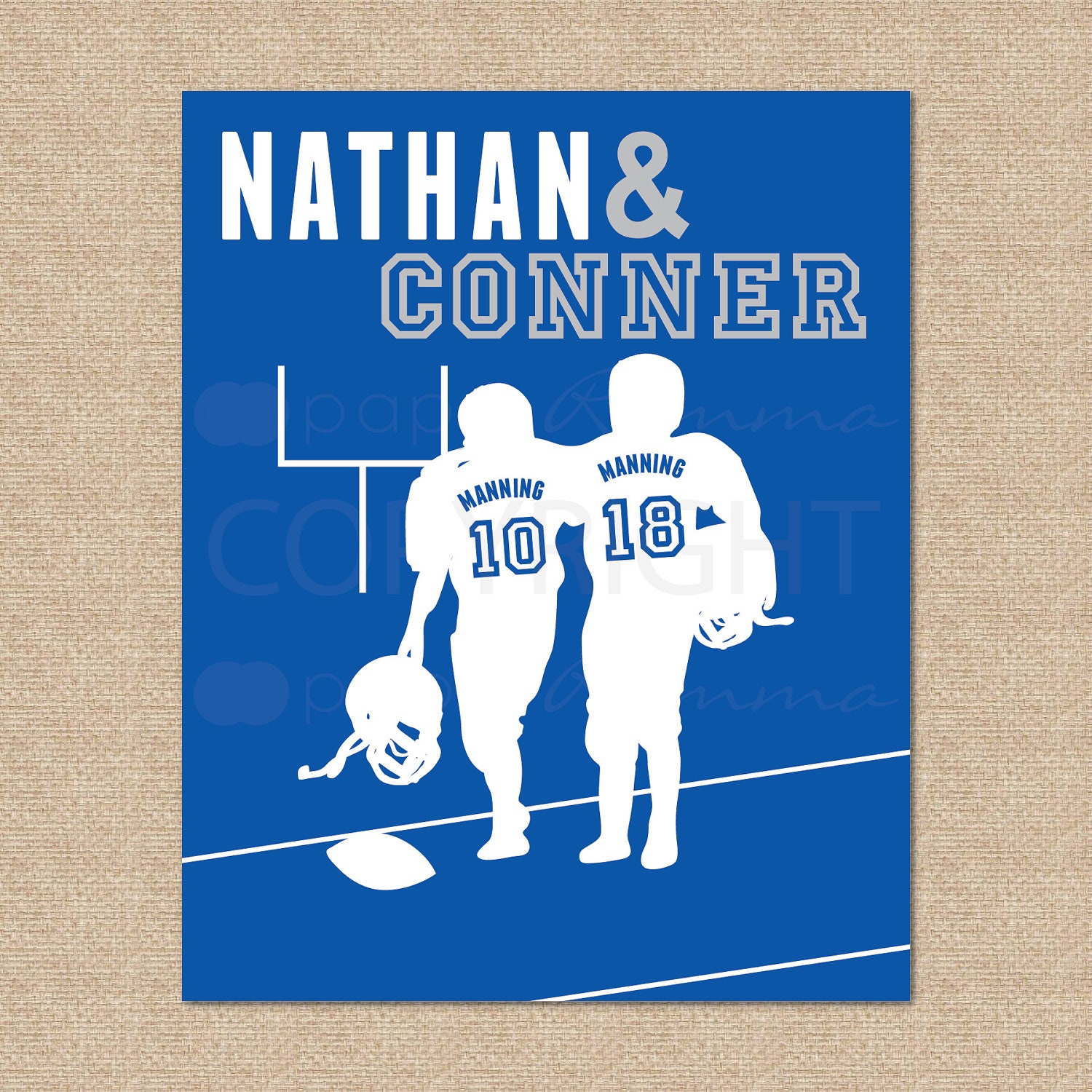 Football Silhouette Print - Personalized with your team colors, favorite player or child's name / Great gift for Football Fans, 8x10