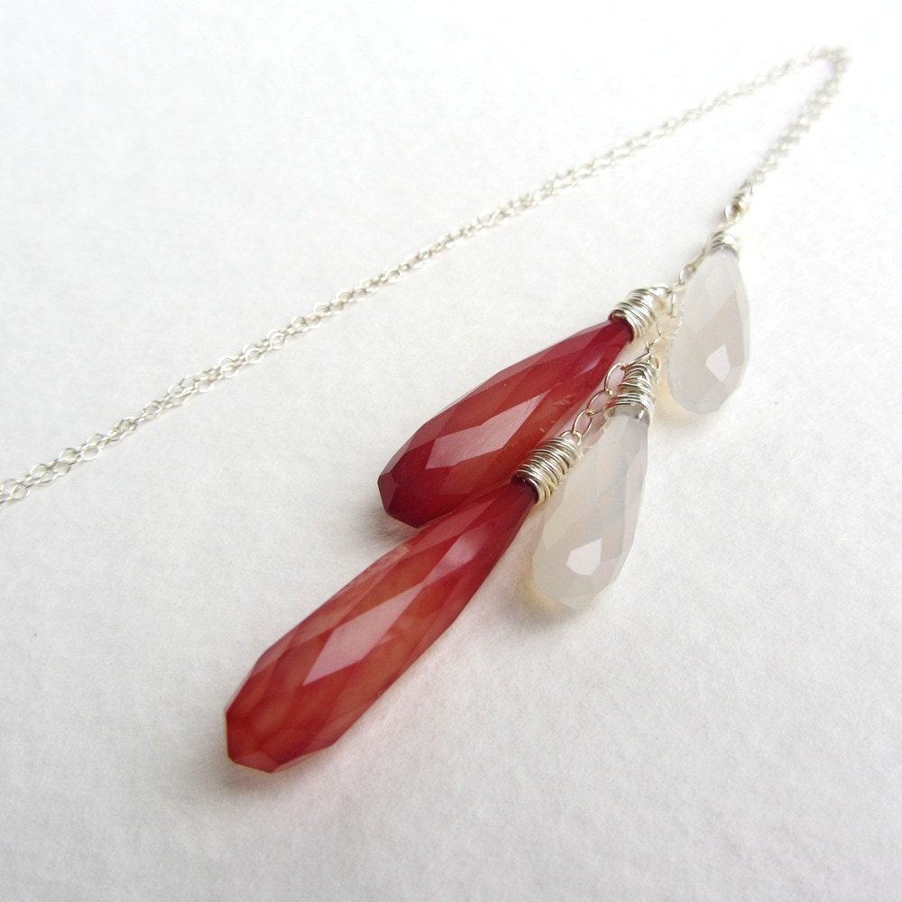 Chalcedony Necklace Long Burnt Orange and Grey Stones Sterling Silver