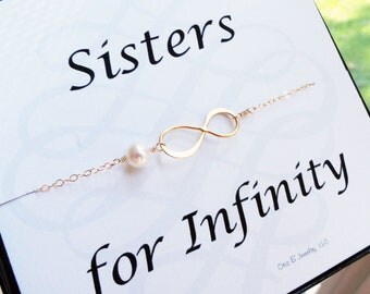 Sisters Gifts, Message card with gold infinity NECKLACE, pearl necklace, SORORITY NECKLACE, friendship necklace, sisters necklace