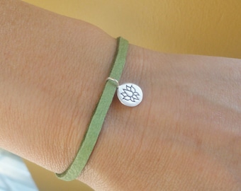 Lotus bracelet, Custom color Leather bracelet, Silver lotus charm bracelet, Sterling silver, Yoga jewelry, zen buddhist