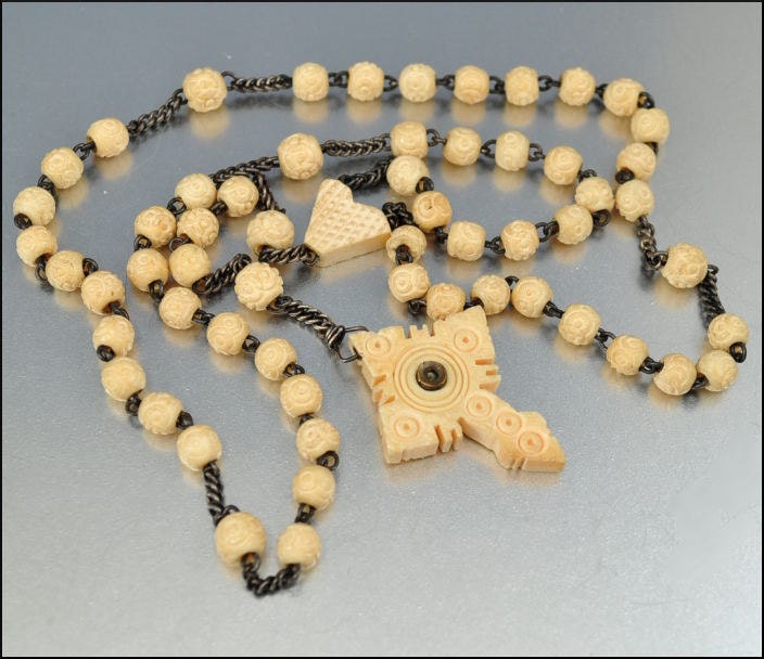 Victorian Stanhope Cross Necklace Ivory Ox Bone Bead Rosary