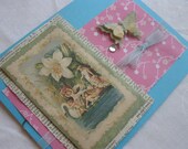 Handmade Card All Occasion Greeting Card Pink Aqua with Upcycled Bath Powder Sachet