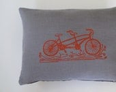 Tandem BIke Pillow Cover Cushion Cover - Tandem Bicycle in Orange on Gray Linen -  12 x 16 inches by Sweetnature Designs