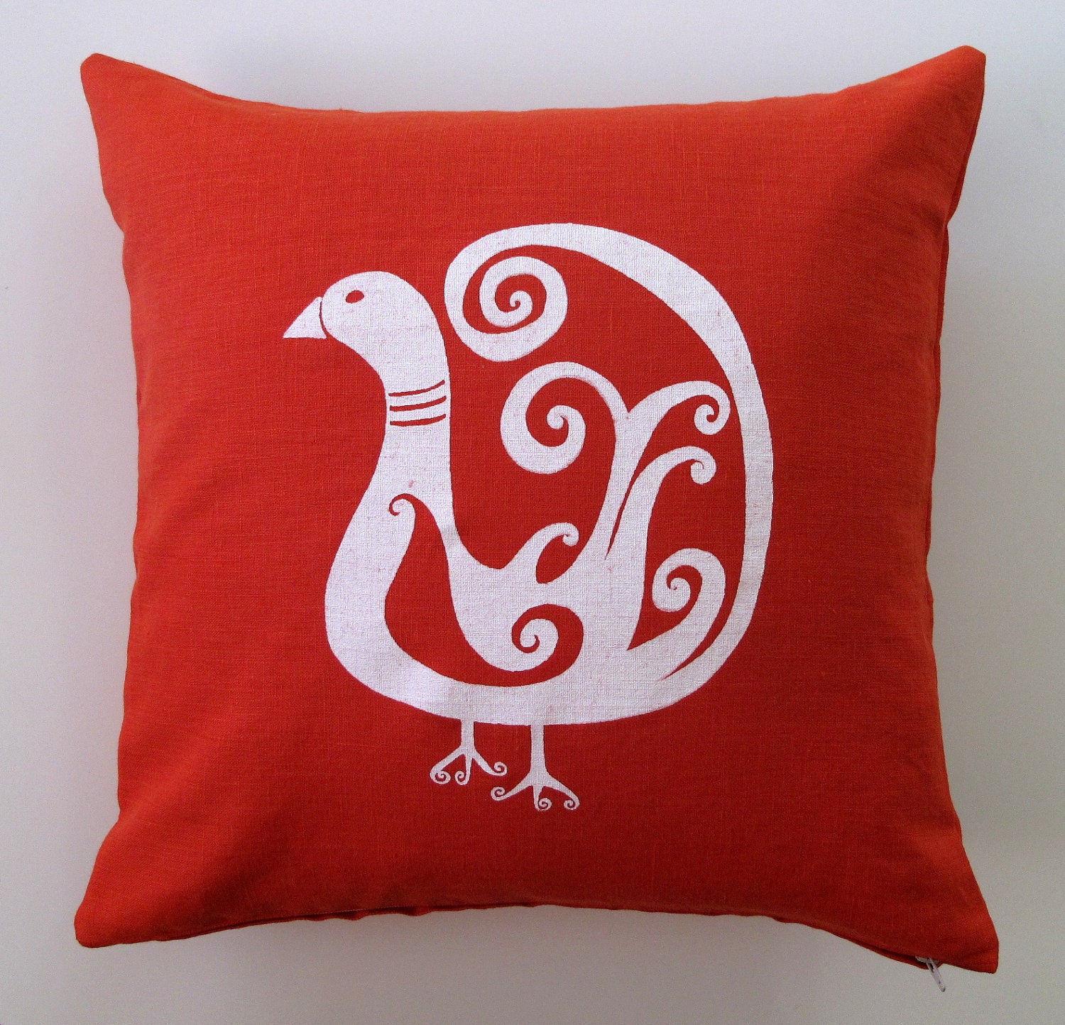 Pillow Cover - White Bird on Orange Linen - 16 x 16 inches