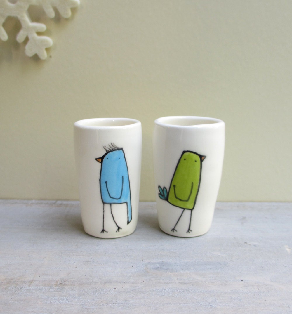 Bird vase, two mini bird bud vases, green and blue, winter garden vases, stocking stuffers, hostess gift