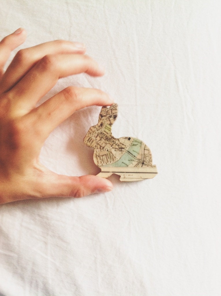 Recycled London Map  Bunny Brooch
