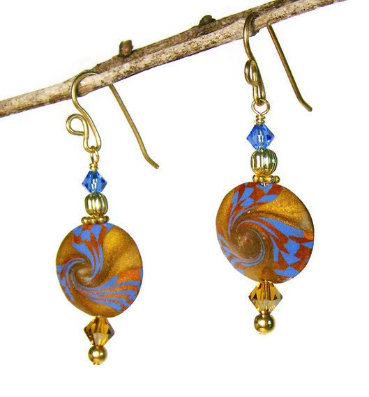 Pierced Earrings Handmade Polymer Clay Jewelry Swarovski Crystal Swirled Bicone Beads Goldplated Wires