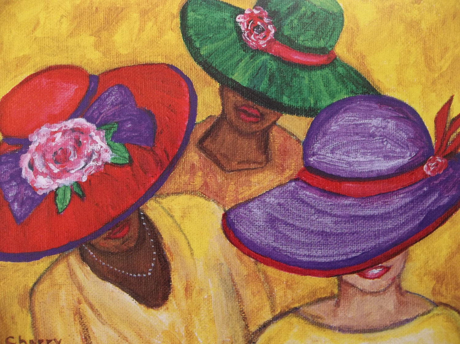 Acrylic Painting Of Women In Red Purple Green Hats Print
