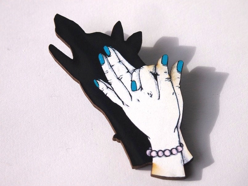 Wolf Shadow Puppets with Blue Nails Laser Cut Wood Brooch