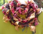 Women's crochet scarf: fuzzy long skinny multicolor knit fashion, Wild Berries silk wool, magenta pink honey gold green scarflette i882